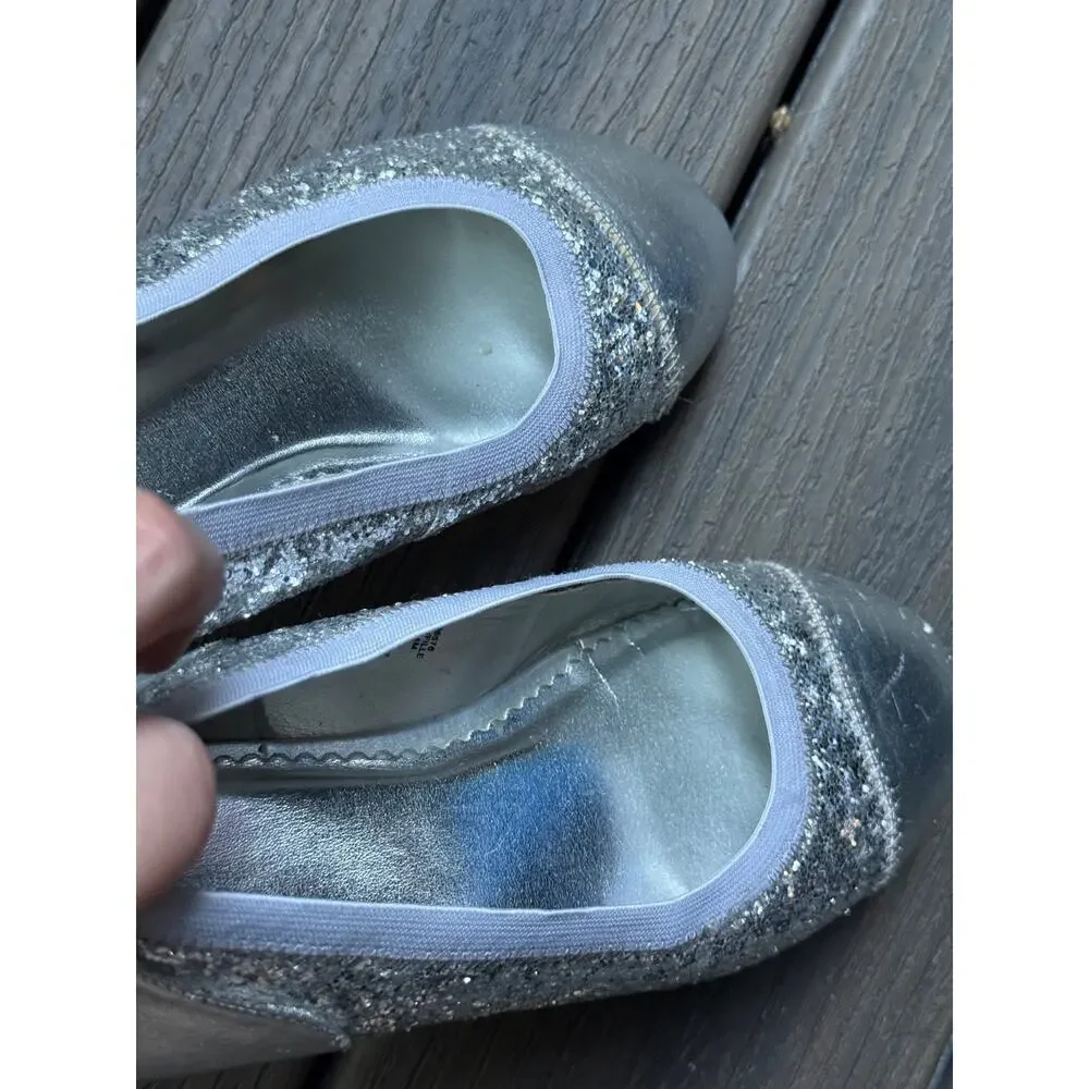 Lands’ End Girl’s US 4M Silver Sparkle Cameron Classic Captoe Ballet Flats Shoes